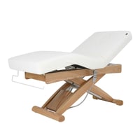Marquesa massagem elétrica Cyx +:  três motores, colchón SuperSoft, estofado PU branco e acabado em madeira natural