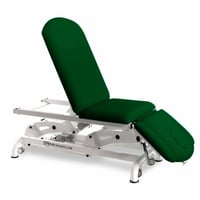 Marquesa elétrica para osteopatia: três corpos, com regulação em altura, respaldo reclinable em negativo, Trendelenburg, portarrolos e rodas escamoteables (dois modelos disponíveis)