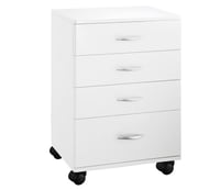 Carrinho de madeira branca Handy: Equipado com quatro gavetas e quatro rodas para uma maior mobilidade