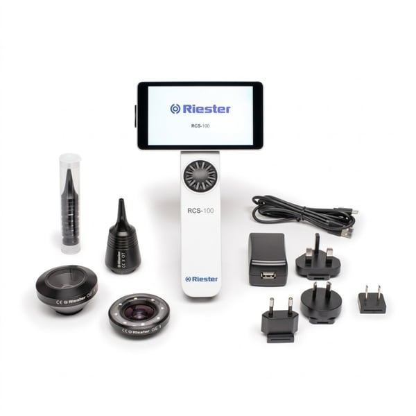 Câmara de diagnóstico digital: RCS-100 Riester com lentes intercambiáveis atua como otoscopio, dermatoscopio, lente geral e adaptador para endoscopia