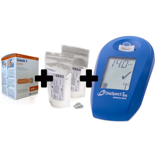 Pack de iniciação DiaSpect TM - Analisador de hemoglobina portátil, saca de 100 cubetas e 100 lancetas Unistik 21G