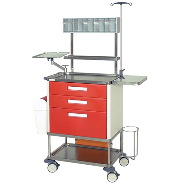 Carroça de paragem Plus: Em aço inoxidável de três gavetas com tabuleiro auxiliar abatible