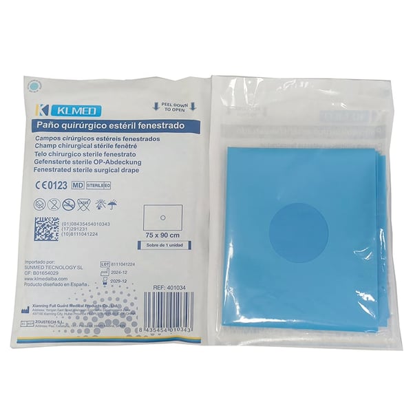 Panos cirúrgicos estéreis fenestrados com adesivo central partido em duas metades (várias medidas)