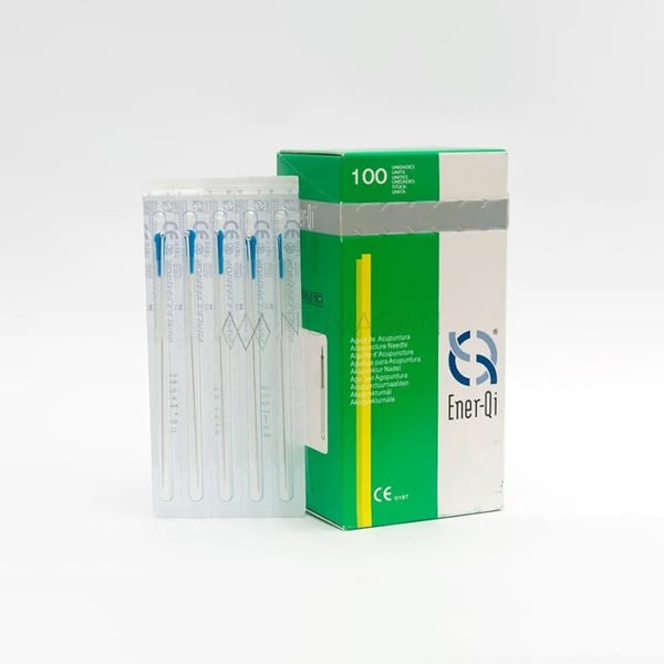 Agulha de acupuntura de aço siliconada com cabo de prata com cabeça e com script 0,30 x 125 mm EnerQi (100 unidades)