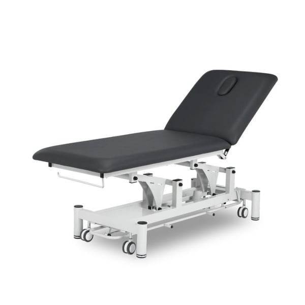 Marquesa elétrica de dois corpos Kinefis Polaris: Com respaldo proclive/declive de grande estabilidade com dois pistões e barra perimetral para ajuste de altura. Cor: cinza grafite