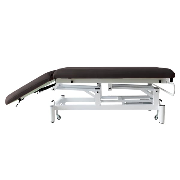 Mesa de tratamento elétrica Kinefis Quality de duas seções (estofada em cinza escuro): Com rodas retráteis, encosto reclinável a gás, estrutura branca de alta estabilidade - Última unidade em estoque