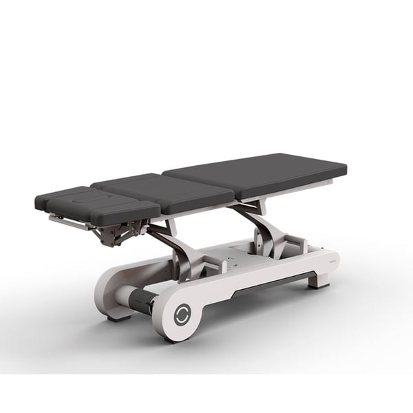Marquesa elétrica de gama alta Naggura N Run5S EVO: três corpos, dois motores, cabecero curto, pulsador lateral para acomodar as posições de Trendelenburg e flexão lumbar, e calefação