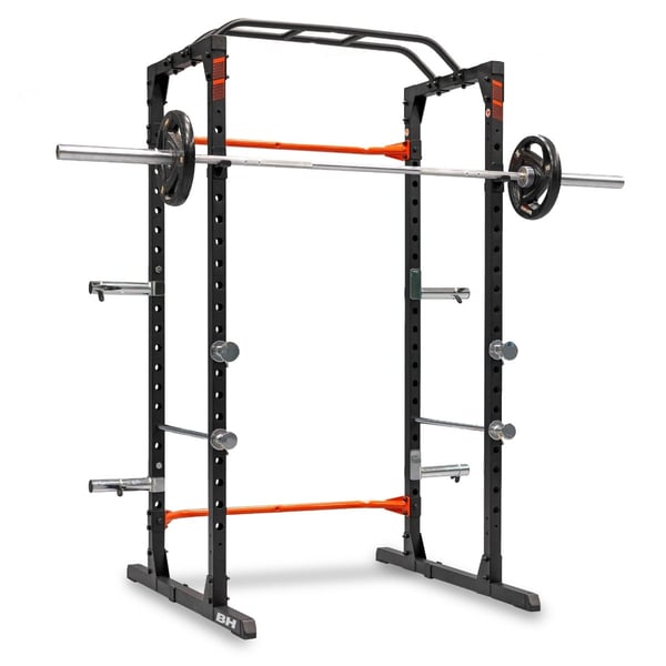 Power Cage com polia BH Fitness: suporte para perna, polia alta e baixa e suporte para armazenar discos