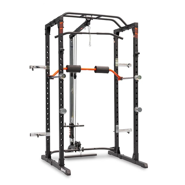 Power Cage com polia BH Fitness: suporte para perna, polia alta e baixa e suporte para armazenar discos