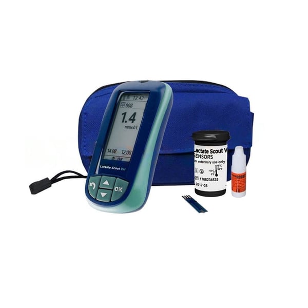 Pack Lactate Scout Vet: analisador Lactate Scout Vet, 24 atiras reativas e um bote de solução de controlo (4,5 – 5,6 mmol/L)