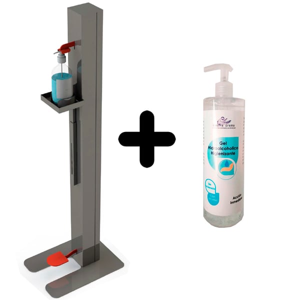 Móvel dispensador COVID-19: regulable em altura e acionamento automático com o pé + gel hidroalcohólico de presente (500ml)
