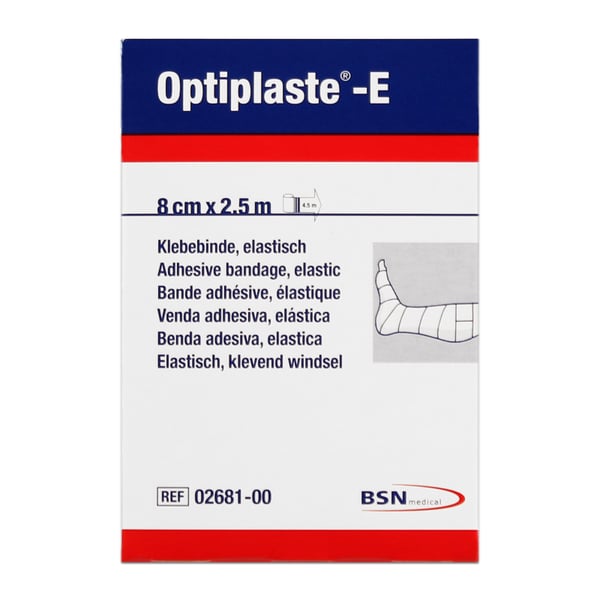 Optiplaste-E (ex-Elastoplast-E) 8 cm x 2,5 metros: Ligadura elástica adesiva de algodão e viscosa