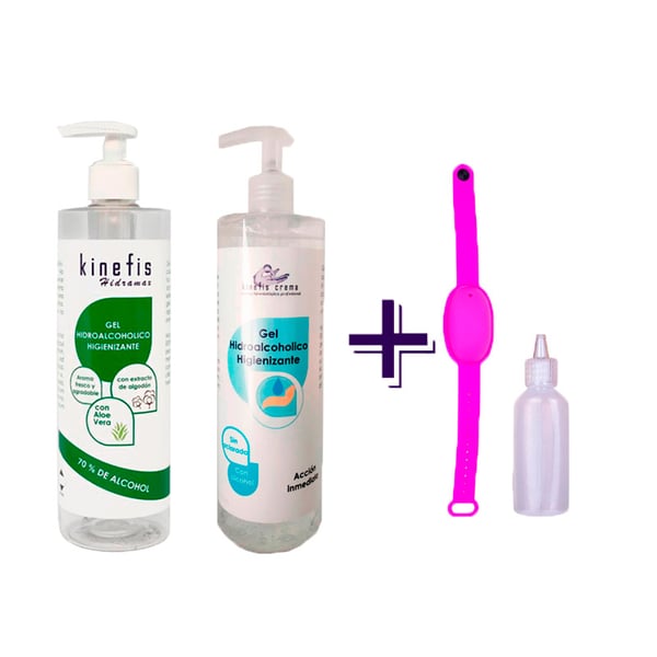 Pack Gel Hidroalcohólico Familiar: Kinefis Raer (500ml) + Kinefis Perfumado (500ml) + pulsera recargable com bote dispensador de presente