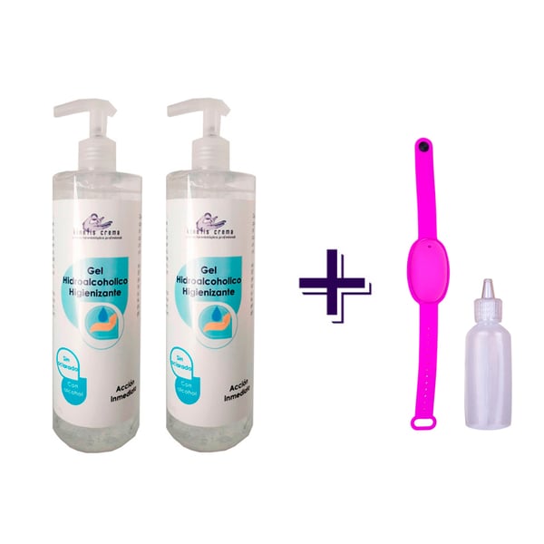 Pack Gel Hidroalcohólico RAER: Dois botes de Gel Hidroalcohólico higienizante Kinefis RAER 500 ml + pulsera recargable com bote dispensador de presente