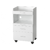 Carrinho de madeira branca Aux: Equipado com três gavetas e espaço central para alojar a instrumentação Carrinho de madeira branca Aux: Equipado com três gavetas e espaço central para alojar a instrumentação