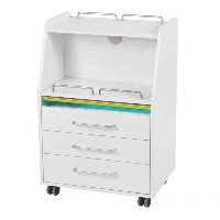 Carrinho de madeira Branca Spin: Equipado com três gavetas, esterilizador e bandeja central removível Carrinho de madeira Branca Spin: Equipado com três gavetas, esterilizador e bandeja central removível