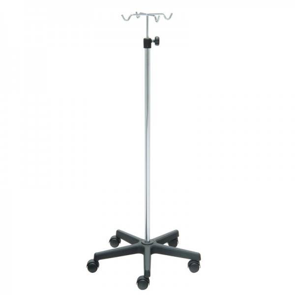 Suporte de soro Kinefis de aço inoxidável com base de PVC e quatro colgadores de aço inoxidável Suporte de soro Kinefis de aço inoxidável com base de PVC e quatro colgadores de aço inoxidável