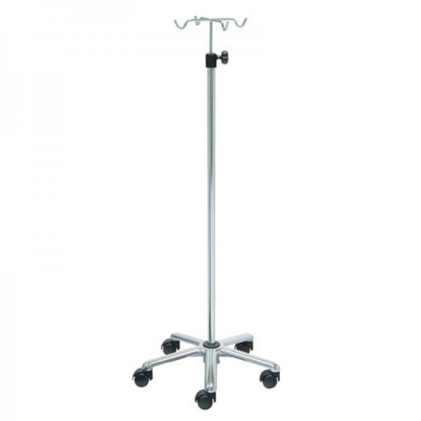 Suporte de soro Kinefis de aço cromado com base de alumínio e quatro colgadores de aço cromado Suporte de soro Kinefis de aço cromado com base de alumínio e quatro colgadores de aço cromado