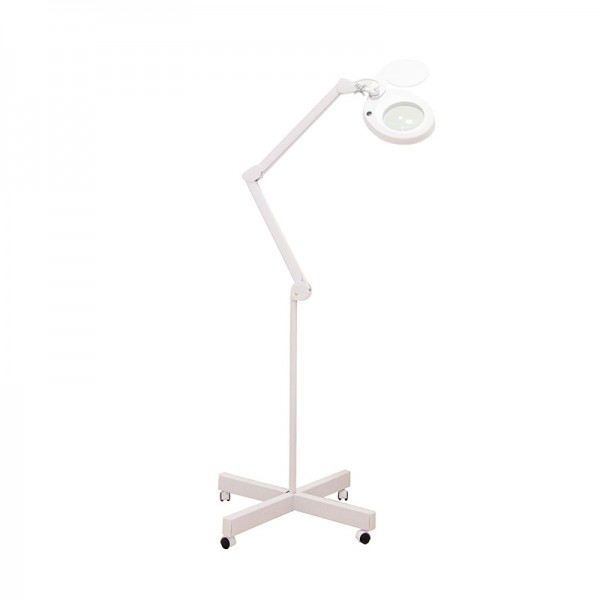 Candeeiro LED Magni+ de luz fria com lupa de cinco acréscimos: Base com quatro rodas, braço articulado e proteção da lente Candeeiro LED Magni+ de luz fria com lupa de cinco acréscimos: Base com quatro rodas, braço articulado e proteção da lente