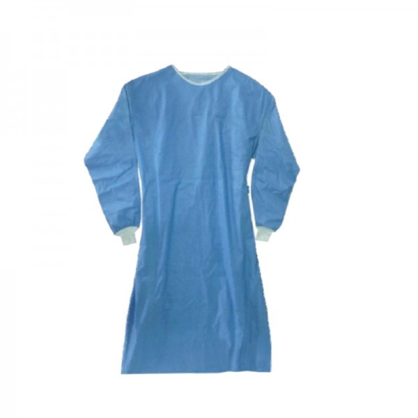 Bata desechable estéril azul 68 gramas: EPI classe I, punhos ajustables em tecido branco e pescoço redondo ajustable com velcro