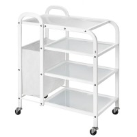 Carrinho Metálico Branco Mobile: Equipado com quatro estantes de cristal translúcido e saca lateral Carrinho Metálico Branco Mobile: Equipado com quatro estantes de cristal translúcido e saca lateral