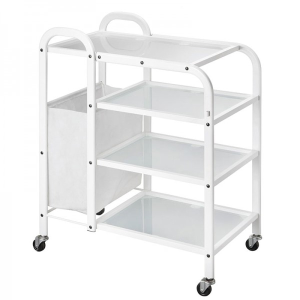 Carrinho Metálico Branco Mobile: Equipado com quatro estantes de cristal translúcido e saca lateral Carrinho Metálico Branco Mobile: Equipado com quatro estantes de cristal translúcido e saca lateral