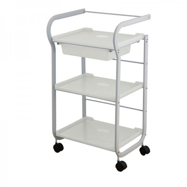 Carrinho Metálico Branco Part: Equipado com três estantes e gaveta removível Carrinho Metálico Branco Part: Equipado com três estantes e gaveta removível