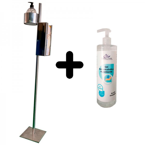 Dispensador higiénico vertical terminado em aço com suporte de gel e luvas ou mascarillas + gel hidroalcohólico de presente (500ml)
