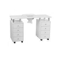 Mesa de manicura Distal: Dupla coluna com gavetas, saca e almofada reposamanos Mesa de manicura Distal: Dupla coluna com gavetas, saca e almofada reposamanos