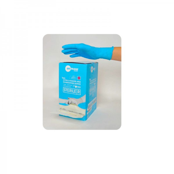 Luvas de nitrilo, sem pó, estéril: cor azul, com certificação 374-5 (caixa de 100 unidades)