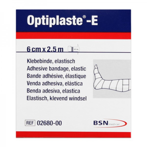 Optiplaste-E (ex-Elastoplast-E) 6 cm x 2,5 metros: Ligadura elástica adesiva de algodão e viscosa Optiplaste-E (ex-Elastoplast-E) 6 cm x 2,5 metros: Ligadura elástica adesiva de algodão e viscosa