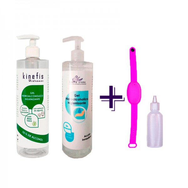 Pack Gel Hidroalcohólico Familiar: Kinefis Raer (500ml) + Kinefis Perfumado (500ml) + pulsera recargable com bote dispensador de presente Pack Gel Hidroalcohólico Familiar: Kinefis Raer (500ml) + Kinefis Perfumado (500ml) + pulsera recargable com bote dispensador de presente