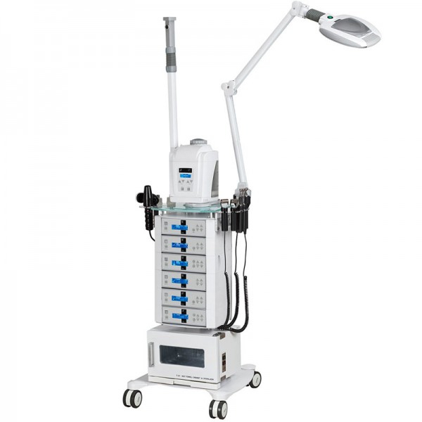 Torre multifuncional de estética: Equipada com carrinho + Vaporizador + Candeeiro lupa + Calentador de toalhas Torre multifuncional de estética: Equipada com carrinho + Vaporizador + Candeeiro lupa + Calentador de toalhas